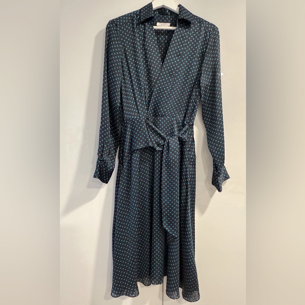 Equipment Femme Black Blue Star Print Long Sleeve V-Neck Faux Wrap Dress Size 4